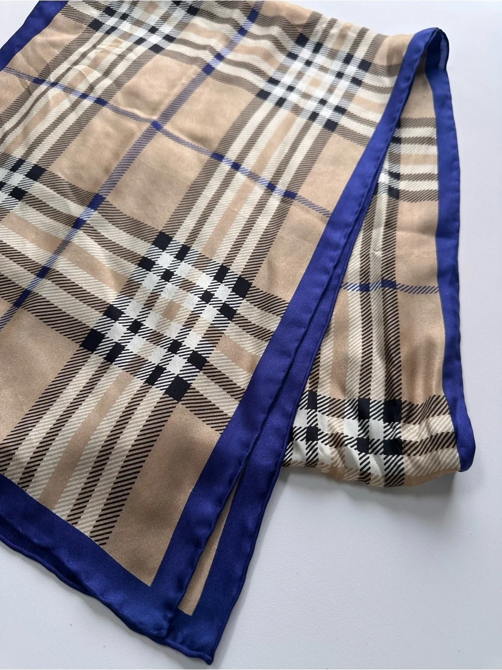 V. FRAAS 100% Silk Beige Plaid Scarf with Navy Satin Border